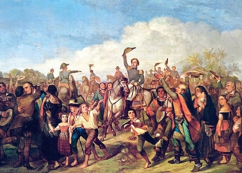 Pintura de François-René Moreau retrata d. Pedro declarando a independência em meio aos populares.[1]